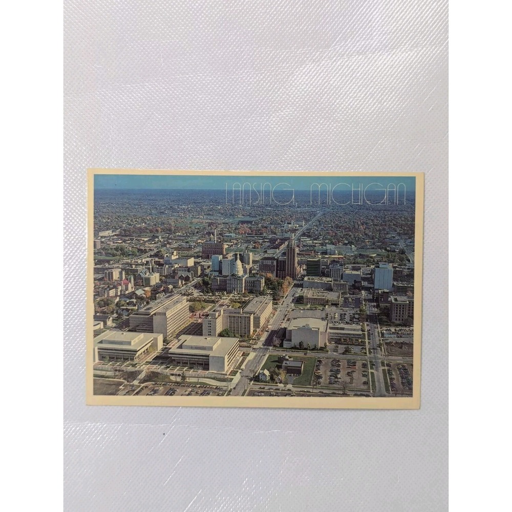 c1970s Lansing, Mich. Birds Eye Downtown State Office Civic Postcard